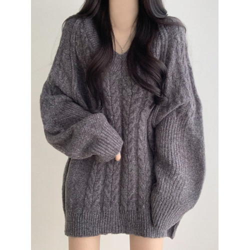 韓國chic秋冬慵懶風V領麻花毛衣女寬松休閒百搭中長款針織連衣裙