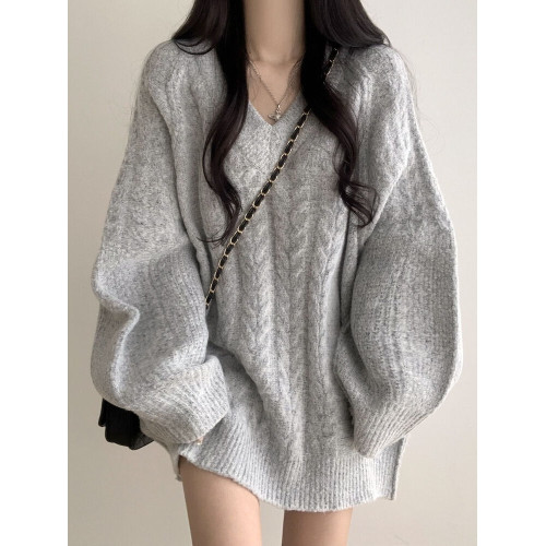 韓國chic秋冬慵懶風V領麻花毛衣女寬松休閒百搭中長款針織連衣裙