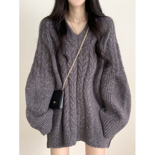 韓國chic秋冬慵懶風V領麻花毛衣女寬松休閒百搭中長款針織連衣裙