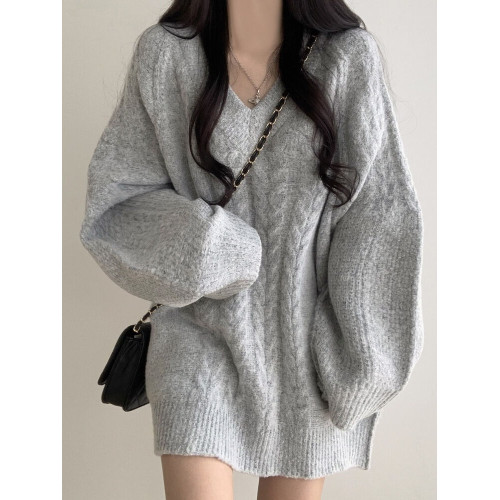 韓國chic秋冬慵懶風V領麻花毛衣女寬松休閒百搭中長款針織連衣裙