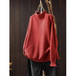 專櫃撤迴秋冬半高領復古文藝毛衣女寬松遮肉休閒百搭套頭針織線衣