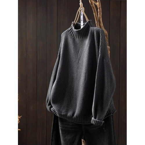 專櫃撤迴秋冬半高領復古文藝毛衣女寬松遮肉休閒百搭套頭針織線衣