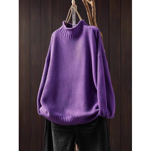 專櫃撤迴秋冬半高領復古文藝毛衣女寬松遮肉休閒百搭套頭針織線衣