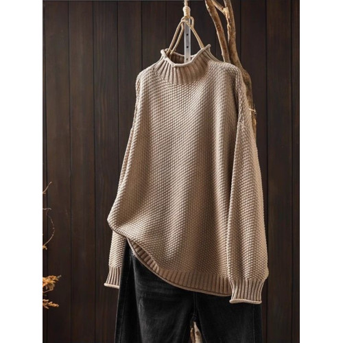 專櫃撤迴秋冬半高領復古文藝毛衣女寬松遮肉休閒百搭套頭針織線衣