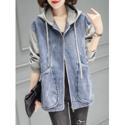 連帽牛仔外套女2025新款秋冬韓版寬松大碼休閒拼接棒球服外搭上衣