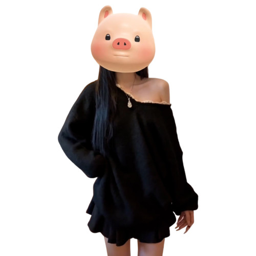 黑色v領蝴蝶結毛衣女秋冬2025新款慵懶風露肩針織上衣設計感小衆 黑色v領蝴蝶結毛衣女秋冬2025新款慵懶風露肩針織上衣設計感小衆