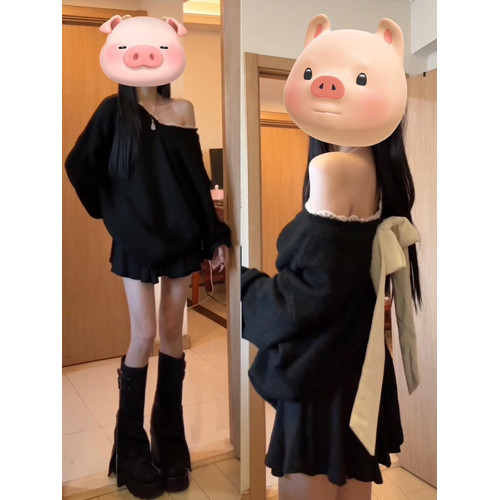 黑色v領蝴蝶結毛衣女秋冬2025新款慵懶風露肩針織上衣設計感小衆 黑色v領蝴蝶結毛衣女秋冬2025新款慵懶風露肩針織上衣設計感小衆