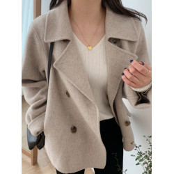 韓國chic春秋法式氣質西裝領雙排釦寬松休閒百搭長袖保暖毛呢外套