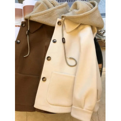 高級感拼接針織連帽毛呢大衣女胖mm大碼300斤加厚假兩件棉服外套