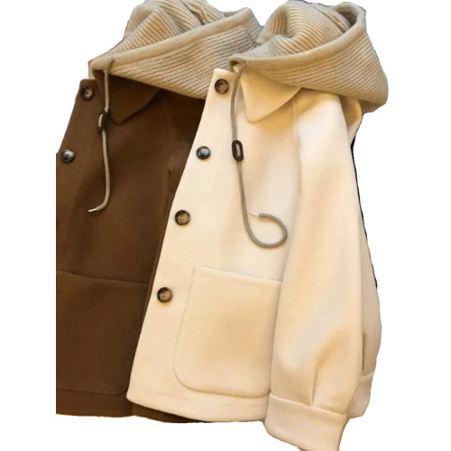 高級感拼接針織連帽毛呢大衣女胖mm大碼300斤加厚假兩件棉服外套