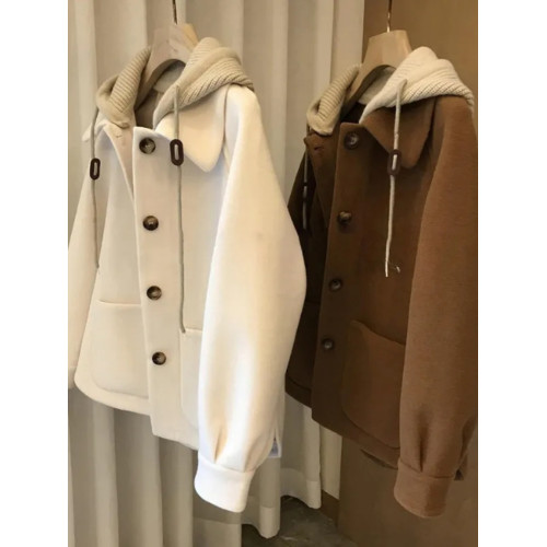 高級感拼接針織連帽毛呢大衣女胖mm大碼300斤加厚假兩件棉服外套