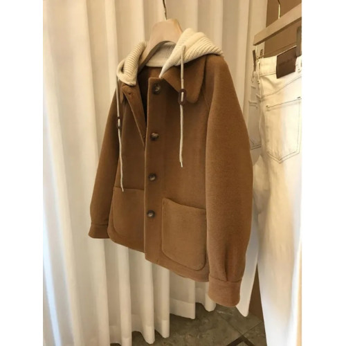 高級感拼接針織連帽毛呢大衣女胖mm大碼300斤加厚假兩件棉服外套