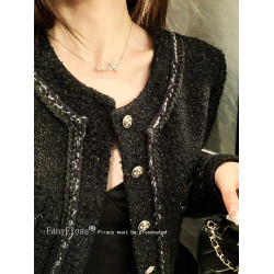 FanyFloss名媛編織羊毛呢黑色短外套女秋氣質亮絲百搭小香風開衫