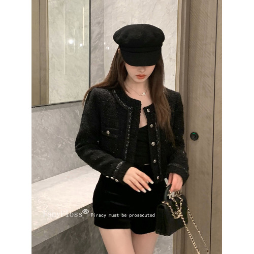 FanyFloss名媛編織羊毛呢黑色短外套女秋氣質亮絲百搭小香風開衫 FanyFloss名媛編織羊毛呢黑色短外套女秋氣質亮絲百搭小香風開衫