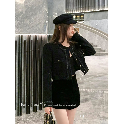 FanyFloss名媛編織羊毛呢黑色短外套女秋氣質亮絲百搭小香風開衫 FanyFloss名媛編織羊毛呢黑色短外套女秋氣質亮絲百搭小香風開衫