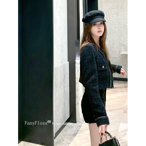 FanyFloss名媛編織羊毛呢黑色短外套女秋氣質亮絲百搭小香風開衫 FanyFloss名媛編織羊毛呢黑色短外套女秋氣質亮絲百搭小香風開衫