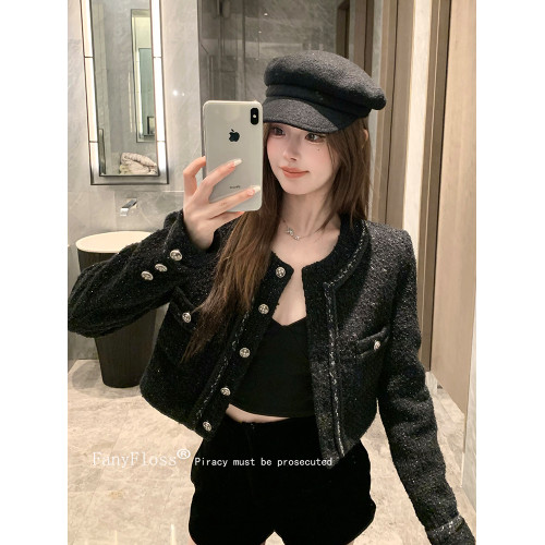 FanyFloss名媛編織羊毛呢黑色短外套女秋氣質亮絲百搭小香風開衫 FanyFloss名媛編織羊毛呢黑色短外套女秋氣質亮絲百搭小香風開衫