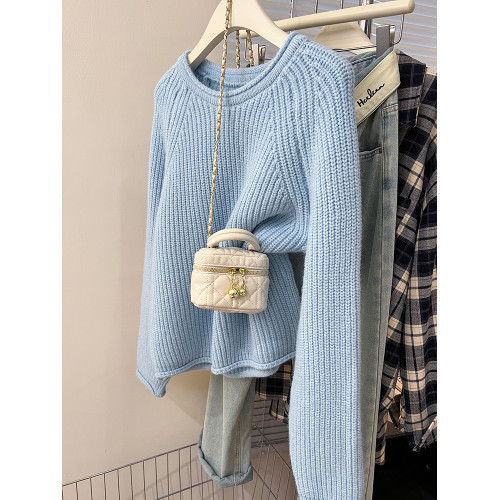 寬松圓領套頭毛衣女秋冬2025卷邊新款設計感別致針織衫長袖上衣