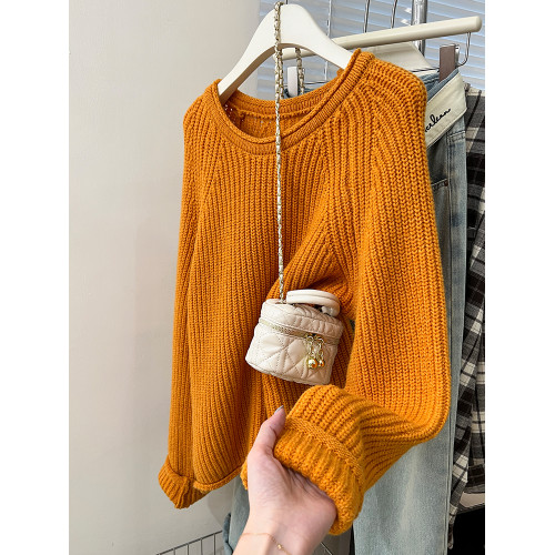 寬松圓領套頭毛衣女秋冬2025卷邊新款設計感別致針織衫長袖上衣