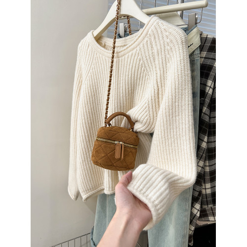 寬松圓領套頭毛衣女秋冬2025卷邊新款設計感別致針織衫長袖上衣