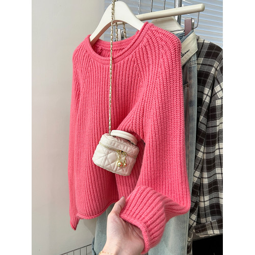 寬松圓領套頭毛衣女秋冬2025卷邊新款設計感別致針織衫長袖上衣