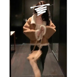 麂皮絨皮毛一體羊羔毛翻領外套女秋冬小個子短款加厚夾克上衣棉服