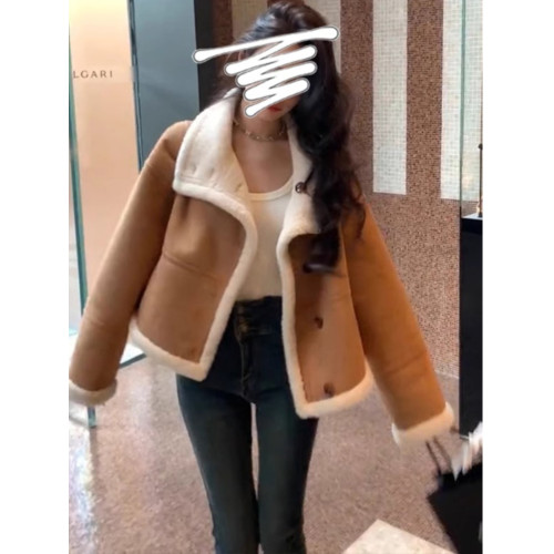 麂皮絨皮毛一體羊羔毛翻領外套女秋冬小個子短款加厚夾克上衣棉服 麂皮絨皮毛一體羊羔毛翻領外套女秋冬小個子短款加厚夾克上衣棉服