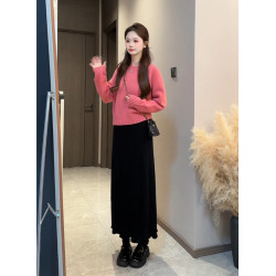 超顯白落日橘色圓領套頭毛衣女秋冬韓系小個子短款針織打底衫加厚