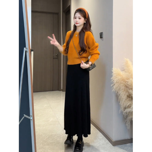 超顯白落日橘色圓領套頭毛衣女秋冬韓系小個子短款針織打底衫加厚