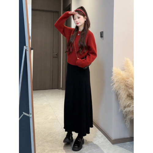 超顯白落日橘色圓領套頭毛衣女秋冬韓系小個子短款針織打底衫加厚