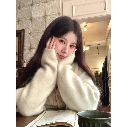 白色馬海毛v領毛衣開衫女秋冬加厚針織外套小個子寬松中長款上衣 白色馬海毛v領毛衣開衫女秋冬加厚針織外套小個子寬松中長款上衣