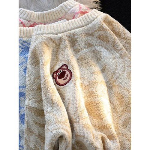 日系可愛草莓熊粉色毛衣女秋冬加絨寬松慵懶風軟糯奶系針織衫外套 日系可愛草莓熊粉色毛衣女秋冬加絨寬松慵懶風軟糯奶系針織衫外套