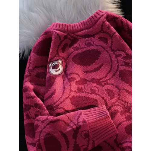 日系可愛草莓熊粉色毛衣女秋冬加絨寬松慵懶風軟糯奶系針織衫外套 日系可愛草莓熊粉色毛衣女秋冬加絨寬松慵懶風軟糯奶系針織衫外套