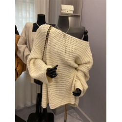 韓版慵懶風氣質斜肩長袖毛衣女秋季新款寬松顯瘦純色針織衫上衣潮