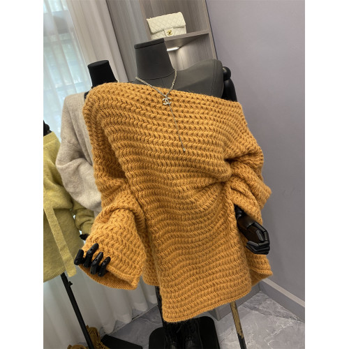 韓版慵懶風氣質斜肩長袖毛衣女秋季新款寬松顯瘦純色針織衫上衣潮 韓版慵懶風氣質斜肩長袖毛衣女秋季新款寬松顯瘦純色針織衫上衣潮