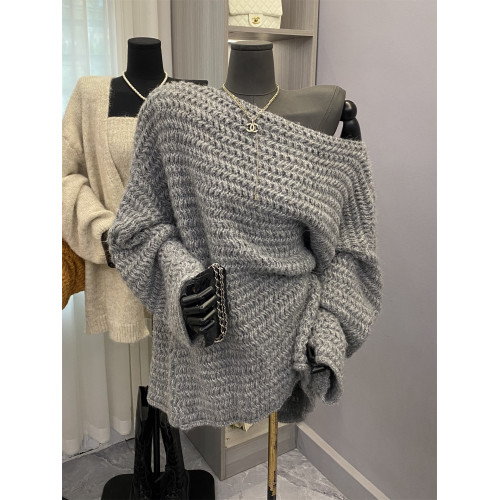 韓版慵懶風氣質斜肩長袖毛衣女秋季新款寬松顯瘦純色針織衫上衣潮 韓版慵懶風氣質斜肩長袖毛衣女秋季新款寬松顯瘦純色針織衫上衣潮