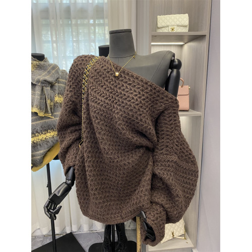 韓版慵懶風氣質斜肩長袖毛衣女秋季新款寬松顯瘦純色針織衫上衣潮 韓版慵懶風氣質斜肩長袖毛衣女秋季新款寬松顯瘦純色針織衫上衣潮