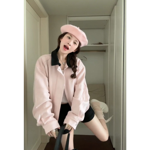 韓系粉色麂皮小香風外套女春秋2025新款美式短款小衆夾克翻領上衣 韓系粉色麂皮小香風外套女春秋2025新款美式短款小衆夾克翻領上衣