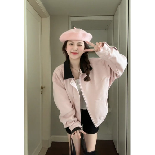 韓系粉色麂皮小香風外套女春秋2025新款美式短款小衆夾克翻領上衣 韓系粉色麂皮小香風外套女春秋2025新款美式短款小衆夾克翻領上衣