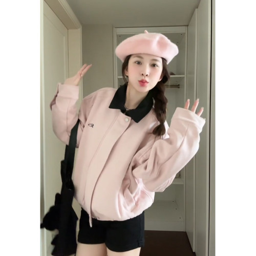 韓系粉色麂皮小香風外套女春秋2025新款美式短款小衆夾克翻領上衣 韓系粉色麂皮小香風外套女春秋2025新款美式短款小衆夾克翻領上衣