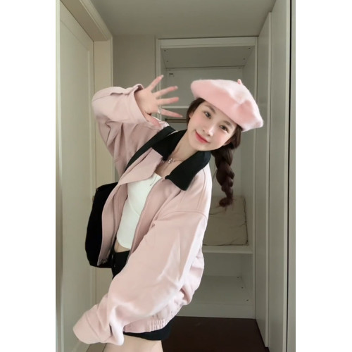韓系粉色麂皮小香風外套女春秋2025新款美式短款小衆夾克翻領上衣 韓系粉色麂皮小香風外套女春秋2025新款美式短款小衆夾克翻領上衣