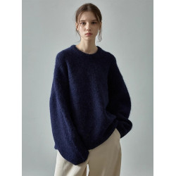 2025秋冬新款加厚仿羊駝絨圓領毛衣女落肩廓形慵懶風針織衫上衣