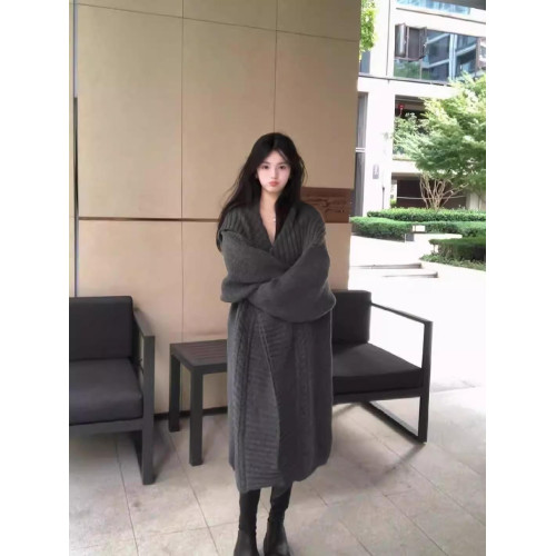 秋冬新款大翻領灰色鬭篷大衣女高級感慵懶風長款披肩毛衣開衫外套 秋冬新款大翻領灰色鬭篷大衣女高級感慵懶風長款披肩毛衣開衫外套