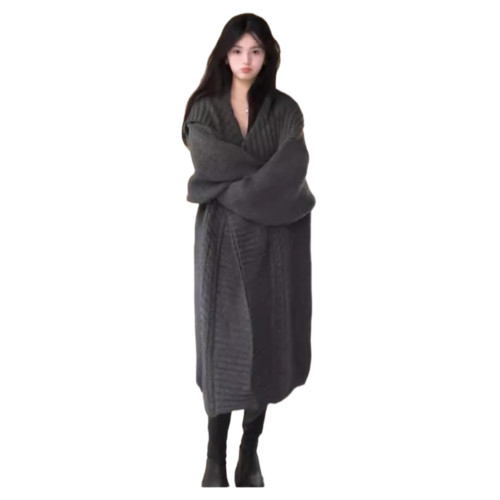 秋冬新款大翻領灰色鬭篷大衣女高級感慵懶風長款披肩毛衣開衫外套 秋冬新款大翻領灰色鬭篷大衣女高級感慵懶風長款披肩毛衣開衫外套