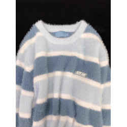 日系奶fufu藍色軟糯條紋馬海毛衣女秋冬寬松慵懶學院風針織衫上衣