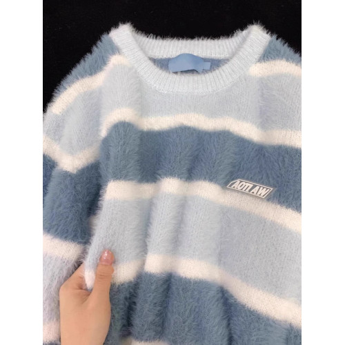 日系奶fufu藍色軟糯條紋馬海毛衣女秋冬寬松慵懶學院風針織衫上衣 日系奶fufu藍色軟糯條紋馬海毛衣女秋冬寬松慵懶學院風針織衫上衣