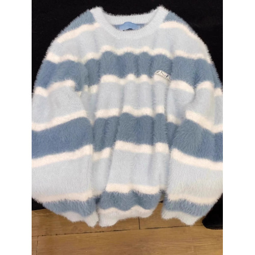 日系奶fufu藍色軟糯條紋馬海毛衣女秋冬寬松慵懶學院風針織衫上衣 日系奶fufu藍色軟糯條紋馬海毛衣女秋冬寬松慵懶學院風針織衫上衣