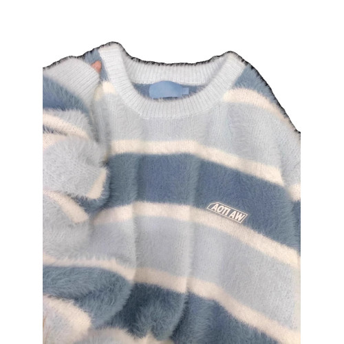 日系奶fufu藍色軟糯條紋馬海毛衣女秋冬寬松慵懶學院風針織衫上衣 日系奶fufu藍色軟糯條紋馬海毛衣女秋冬寬松慵懶學院風針織衫上衣