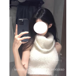白色高領馬海毛套頭毛衣女秋季小個子慵懶風軟糯內搭短款無袖上衣