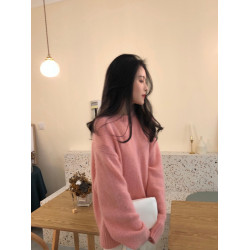 馬海毛奶黃色毛衣套頭秋冬新款慵懶風軟糯圓領針織衫寬松加厚外穿